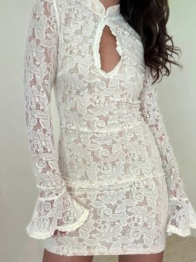 Long-Sleeve Cream Lace Mini Dress with Keyhole Neck